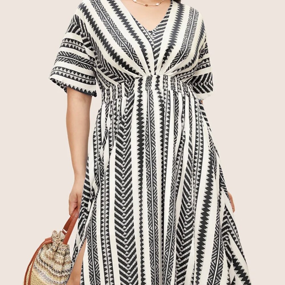 Bloomchic Solid Geometric Dolman Sleeve Pocket Shirred Split Hem Dress-size 12